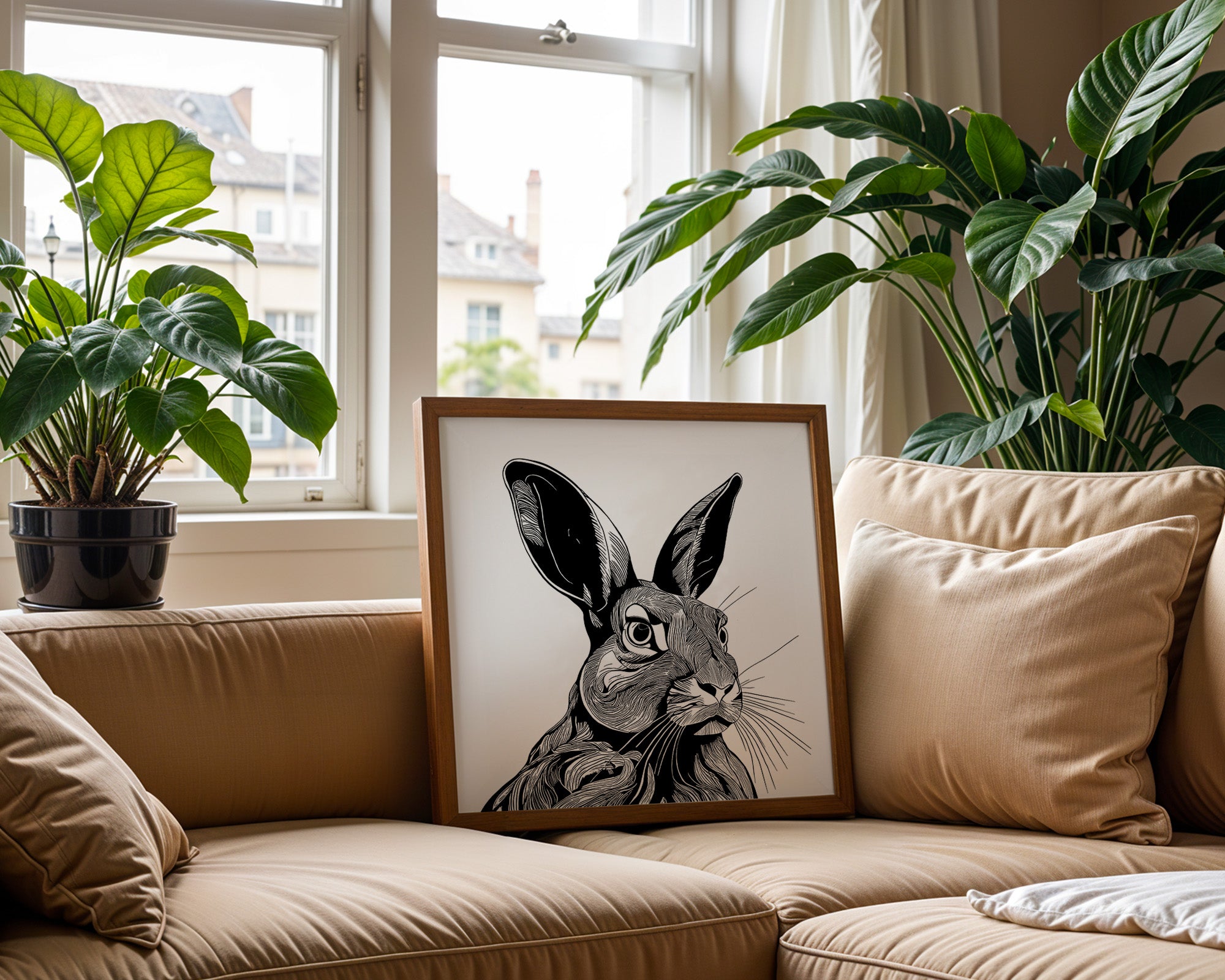Black Ink pen drawing of a hare on a white background, shown in a square frame.