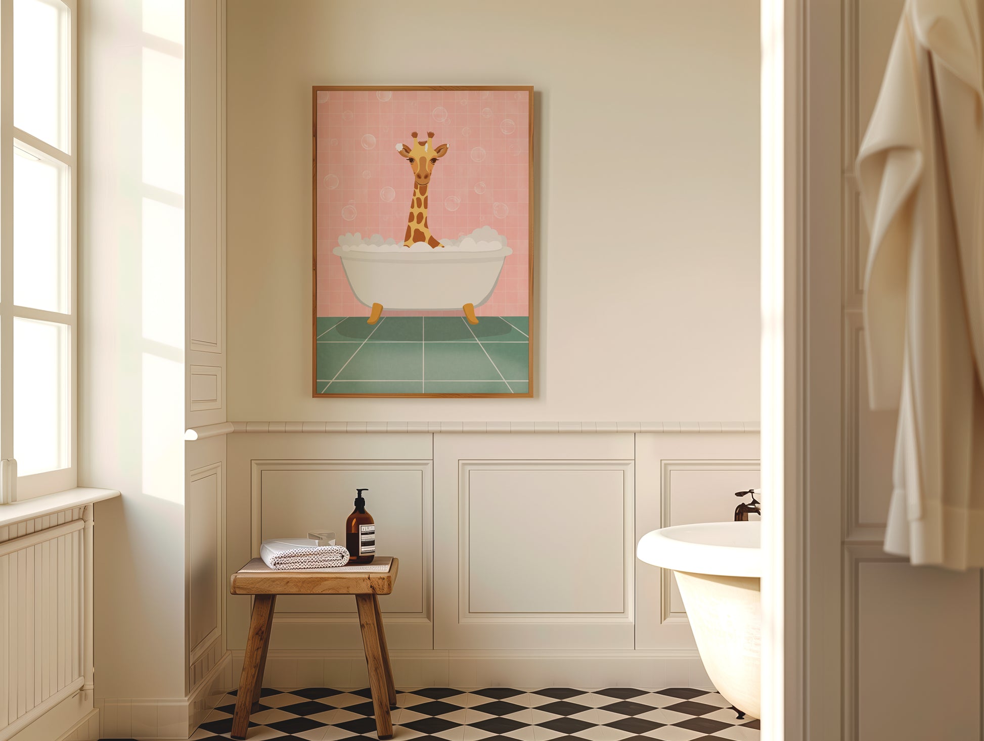 Bathroom interior with a framed artwork of a giraffe in a bathtub on the wall.