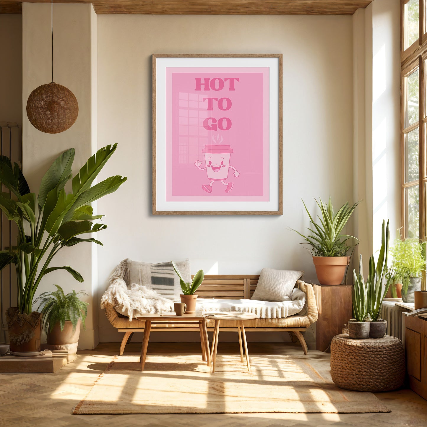 "Fun and quirky Hot to Go coffee print in a cozy living room with plants and natural light"