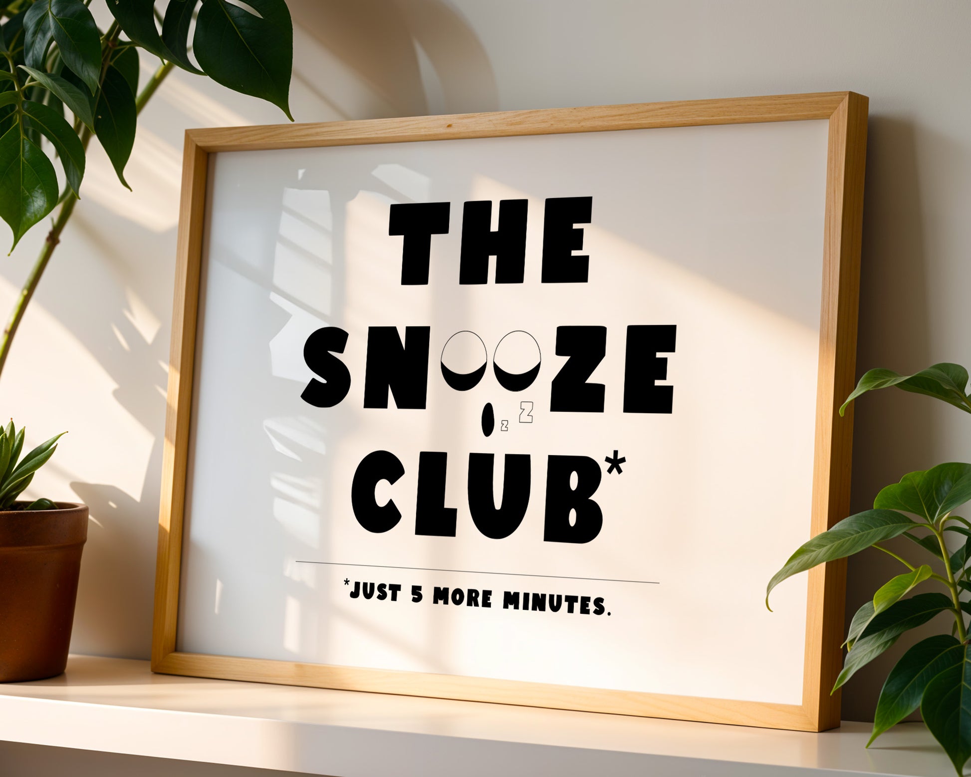 "The Snooze Club art print – funny black and white typography print for sleep lovers, perfect for bedroom decor."