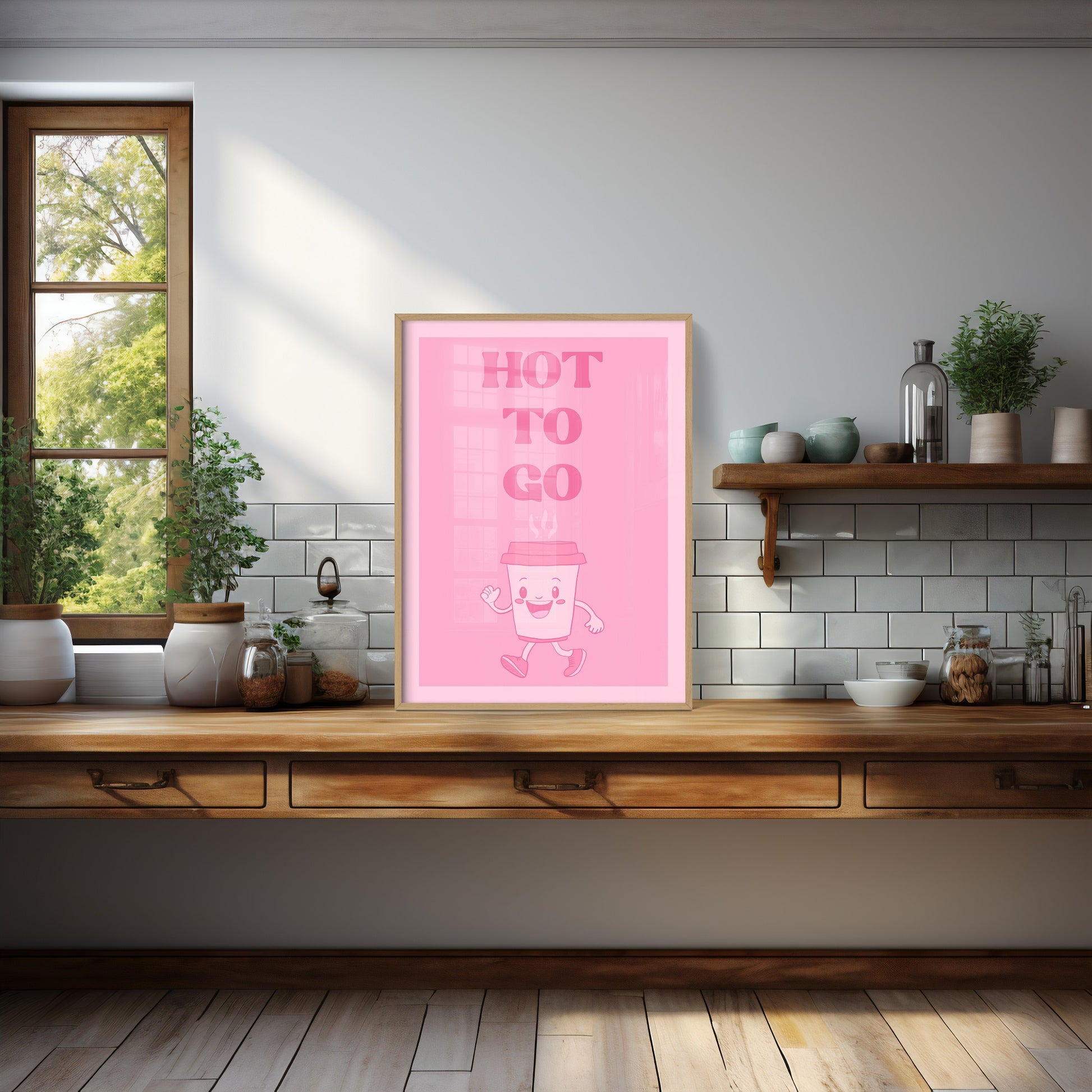 Hot to Go coffee print with a cute cartoon coffee cup in a cozy kitchen, perfect quirky wall art for coffee lovers.