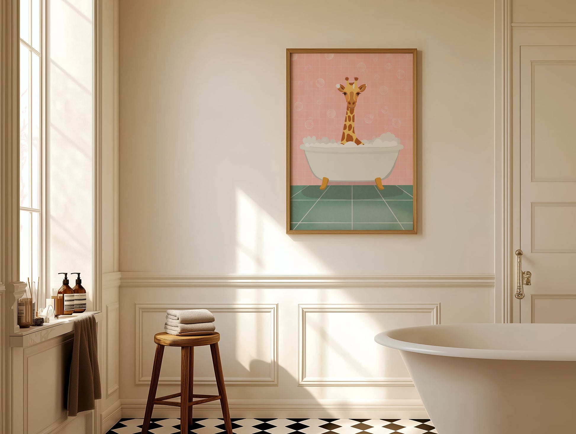 Bathroom interior with a framed picture of a giraffe in a bathtub on the wall.