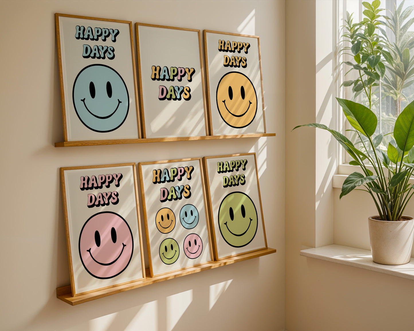 A series of 'Happy Days' retro art prints with various colored smiley faces displayed on a wall, below a window with natural light coming in and a plant to the side.