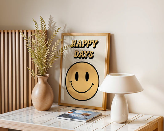 A series of 'Happy Days' retro art prints with various colored smiley faces displayed on a wall, below a window with natural light coming in and a plant to the side.
