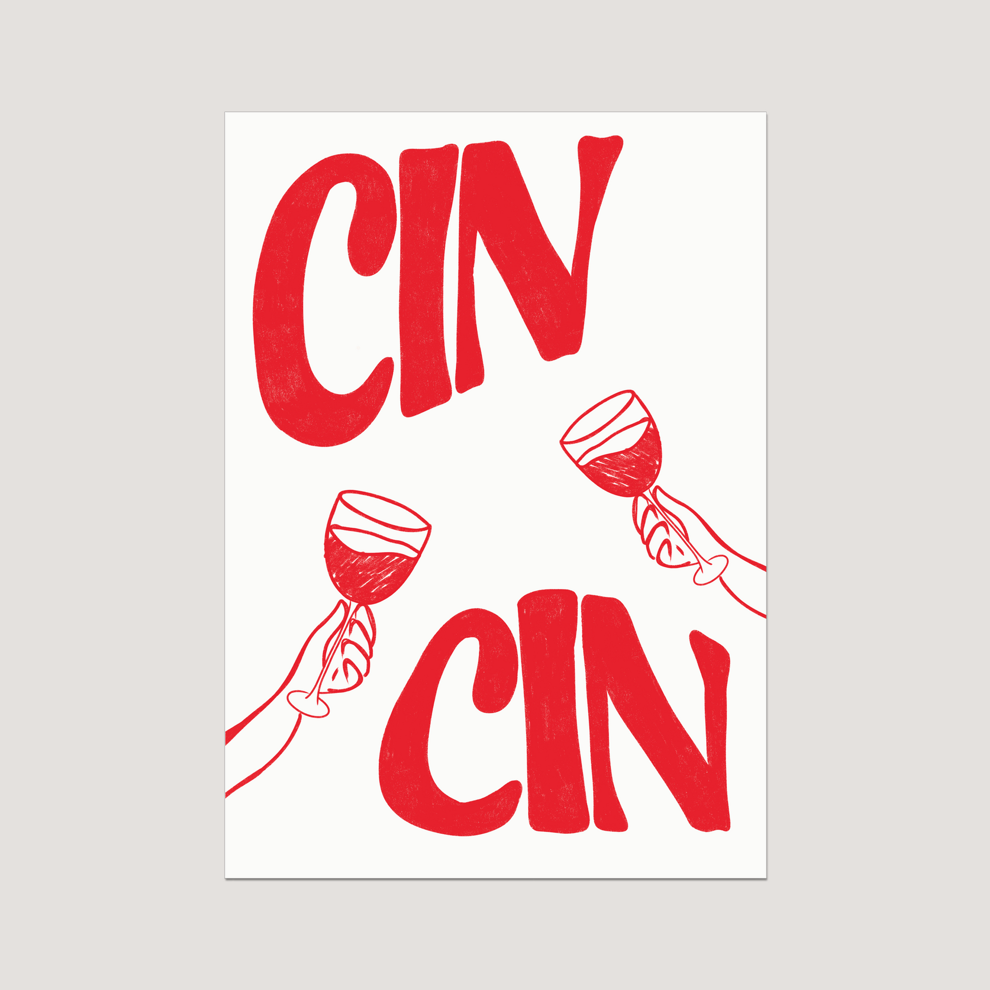 Red 'CIN CIN' text with wine glass illustrations on a white background