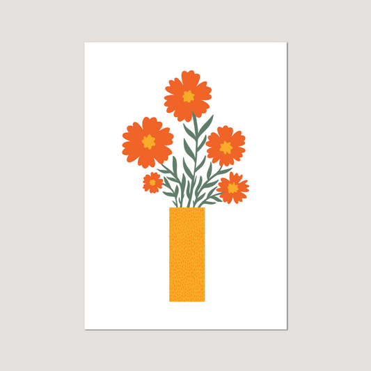 Illustration of orange flowers in a yellow vase on a white background