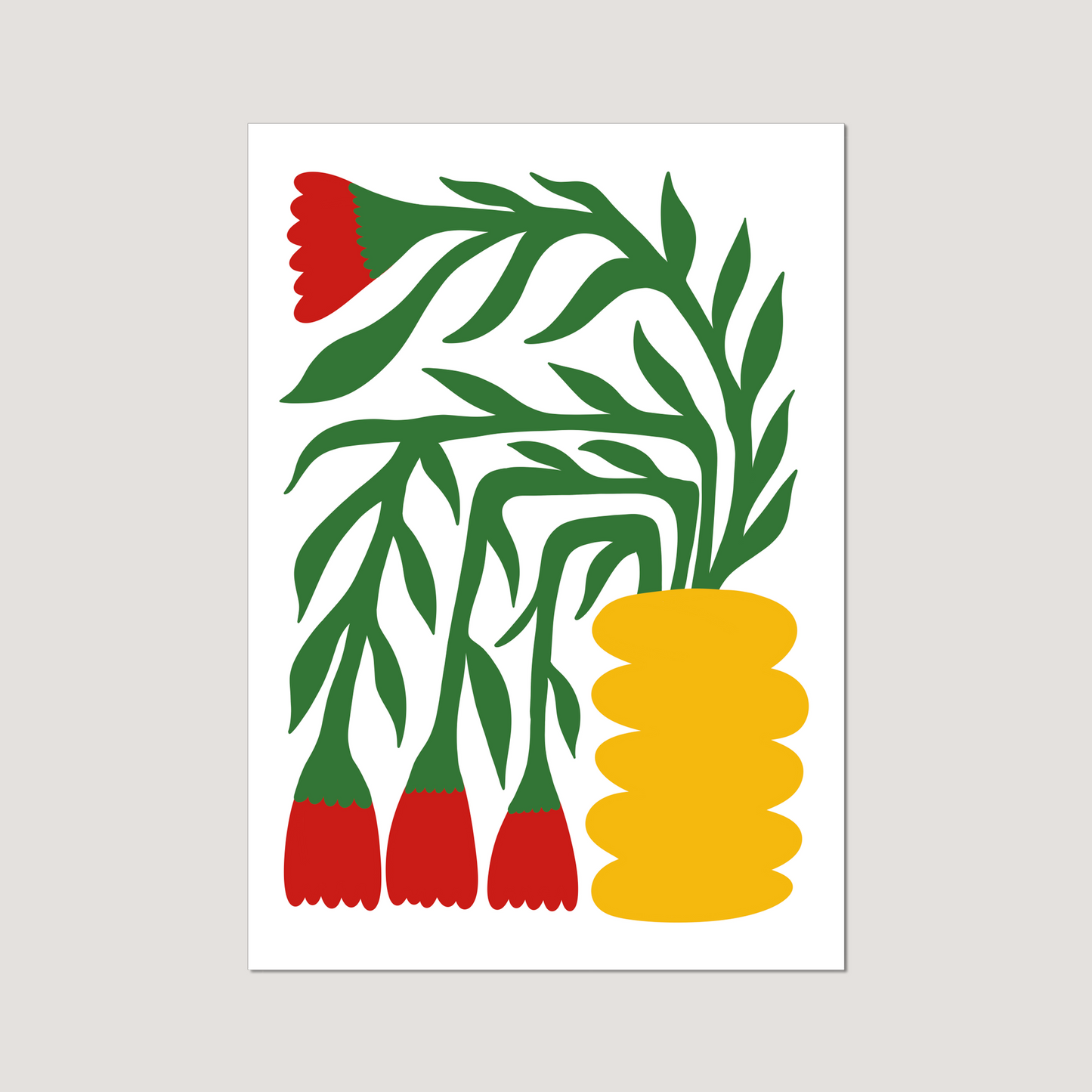 Abstract art print with green leaves, red flowers, and a yellow vase on a white background