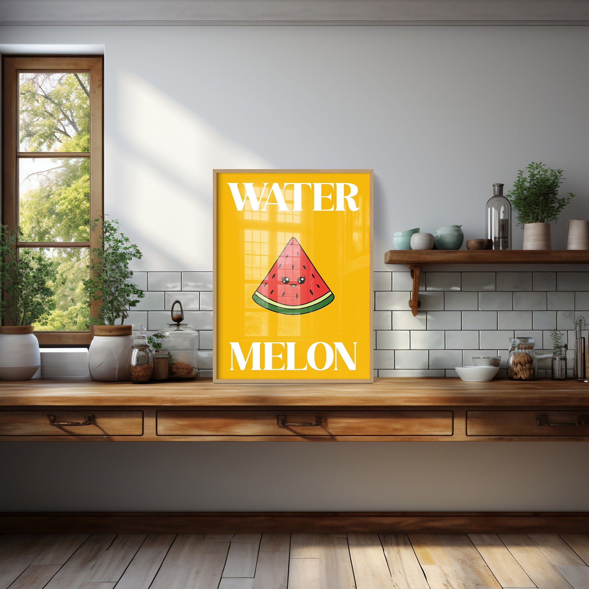 Bright kitchen with framed Smiley Watermelon Slice wall art, featuring a cute watermelon slice graphic with a happy face on a yellow background.