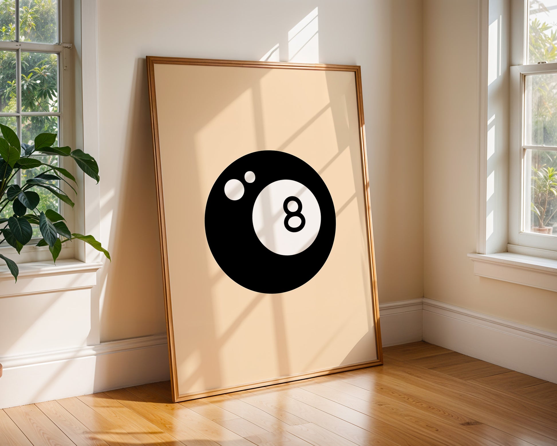 Magic 8 Ball graphic art print in bold black and white with bisque beige background, designed by Chris Can Draw