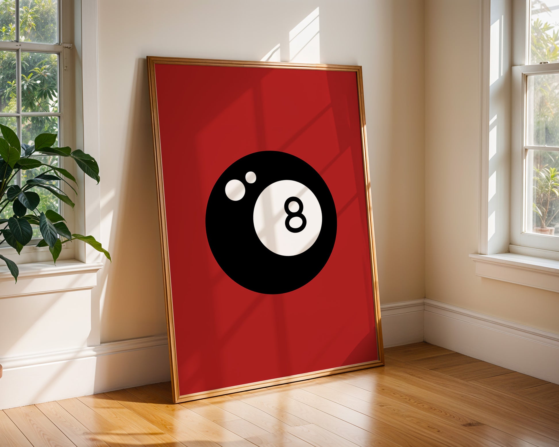 Magic 8 Ball graphic art print in bold black and white with red background, designed by Chris Can Draw