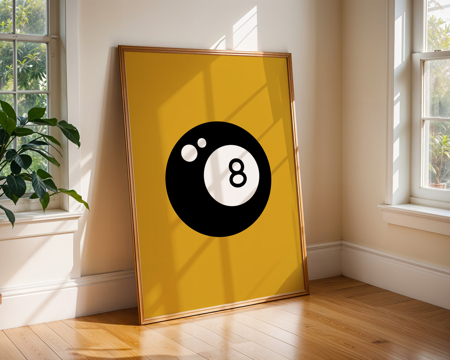 Magic 8 Ball graphic art print in bold black and white with golden yellow background, designed by Chris Can Draw