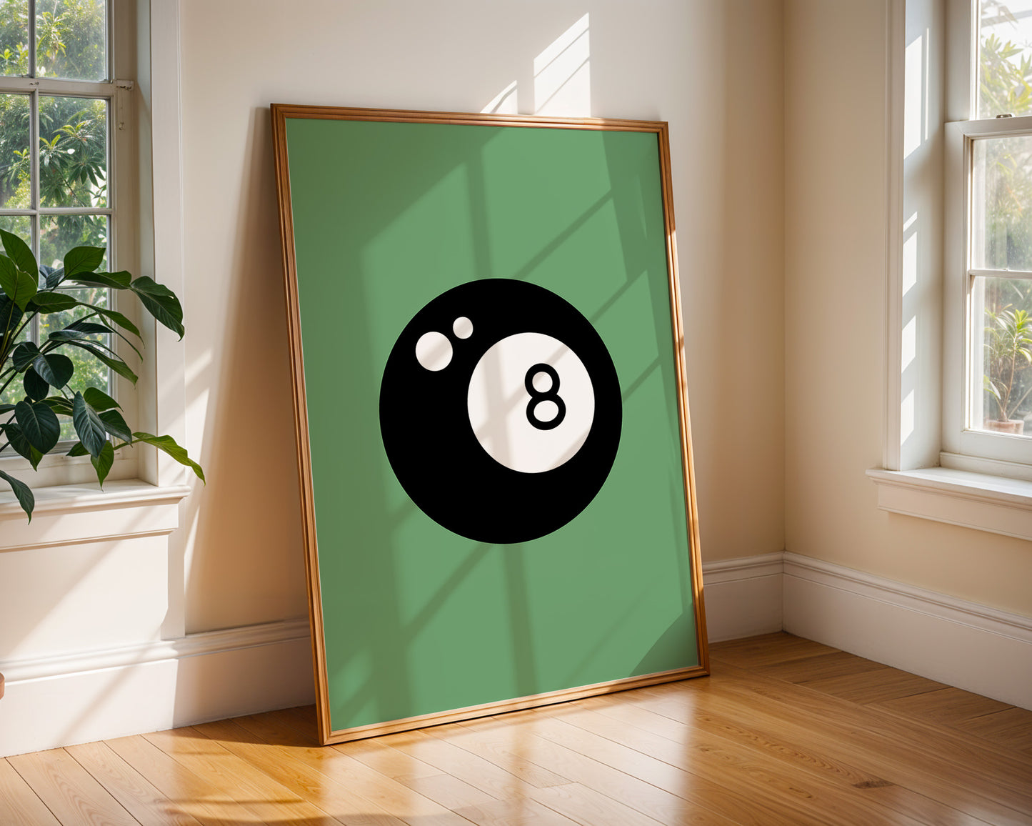 Magic 8 Ball graphic art print in bold black and white with green background, designed by Chris Can Draw