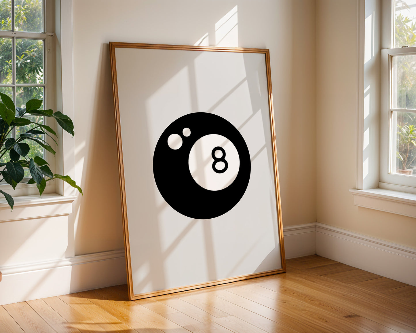 Magic 8 Ball graphic art print in bold black and white with light grey background, designed by Chris Can Draw