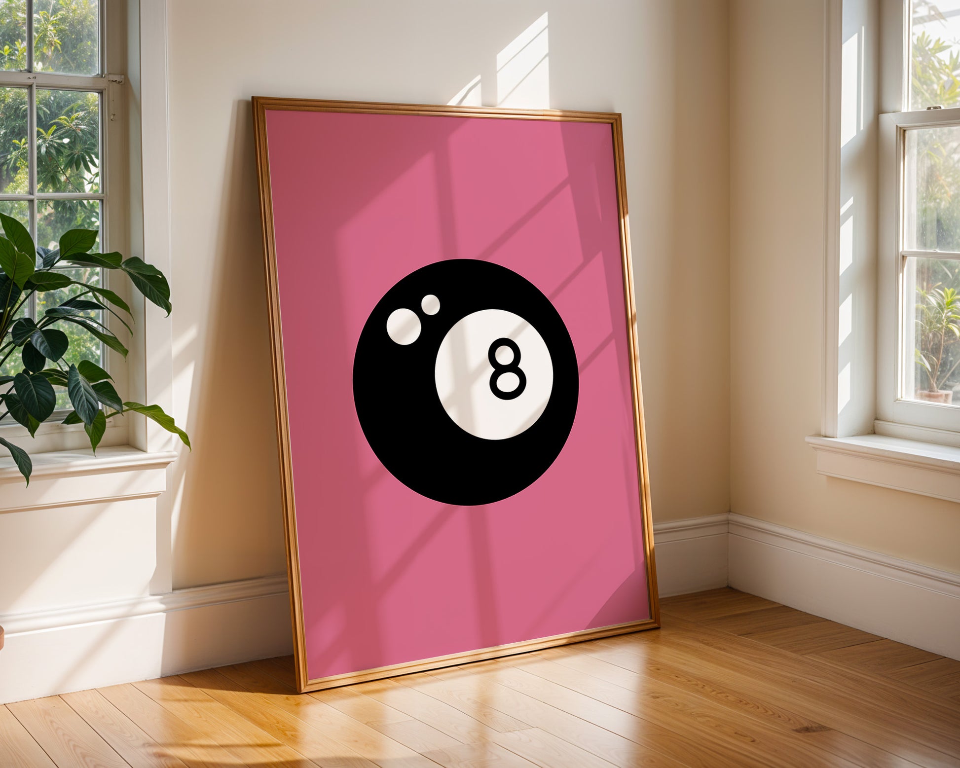 Magic 8 Ball graphic art print in bold black and white with pink background, designed by Chris Can Draw