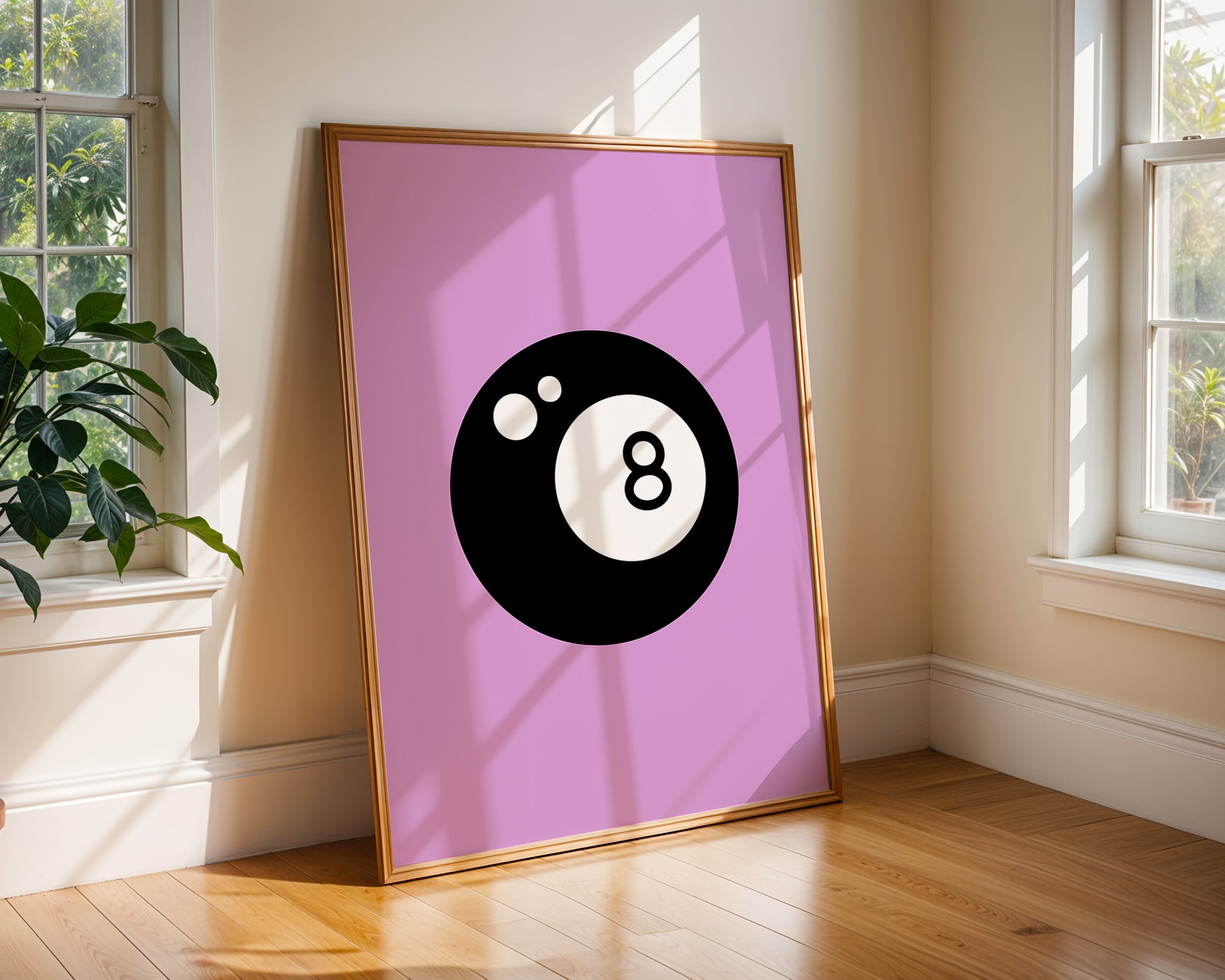 Magic 8 Ball graphic art print in bold black and white with plum background, designed by Chris Can Draw