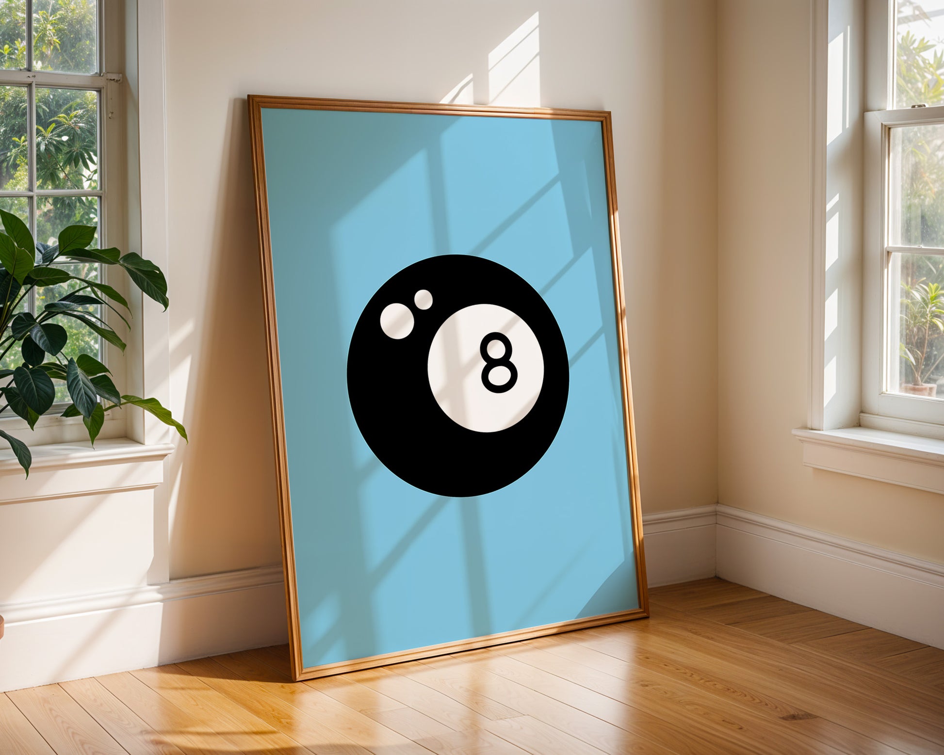 Magic 8 Ball graphic art print in bold black and white with sky blue background, designed by Chris Can Draw