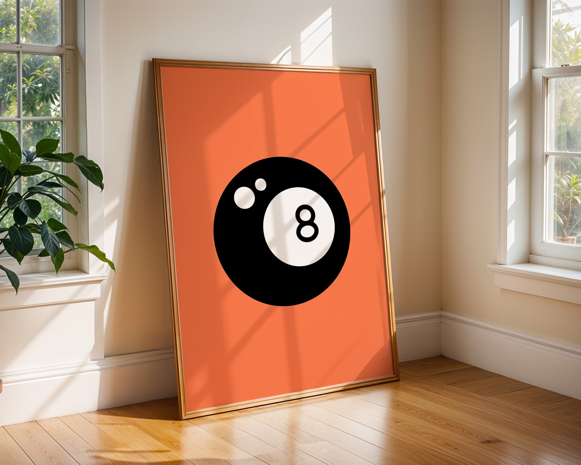 Magic 8 Ball graphic art print in bold black and white with orange background, designed by Chris Can Draw