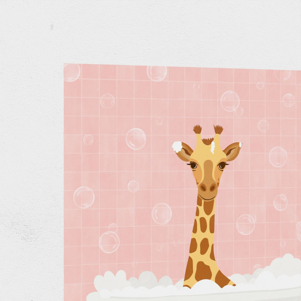 Cartoon giraffe on a pink background with bubble patterns
